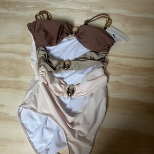 Commense Brown and White Swimsuit with Gold Details
